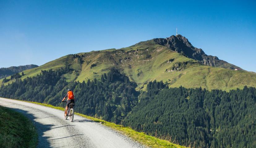 Photo panoramique d'une route ou l'ont y voit quelqu'un faire du vélo avec en arrière plan une montagne